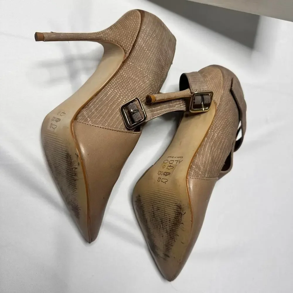 Aldo pointed toe stiletto heel and ankle strap. A pump with a flap in the front